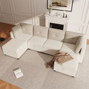 Sofá modular em u em veludo bege 6 lugares com arrumação