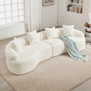 Sofá modular curvo em chenille branco 4 lugares para sala