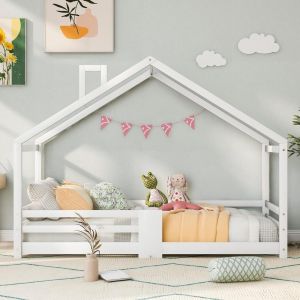 Cama infantil casa 90x200cm com chaminé grades e estrado pinho branco