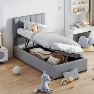 Cama estofada 90x200cm com arrumação hidráulica linho cinzento