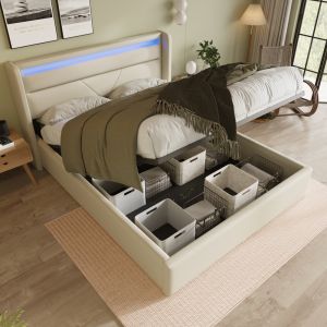 Cama estofada 160x200cm com arrumação e luz luminosa pu branco