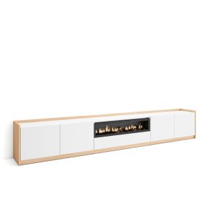 Móvel de tv, 310x37x50cm, branco e carvalho soft, lareira eléctrica rf4321