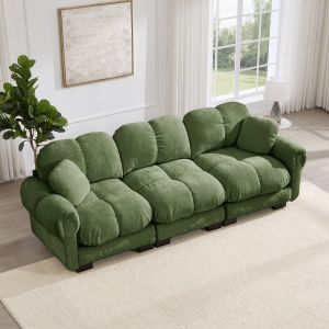 Sofá modular 3 lugares em chenille verde com 2 almofadas