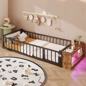 Cama infantil metálica 90x200cm com arrumação e luz LED – preto
