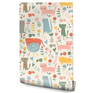 Papel de parede quarto de criança chats animais coloridos plantas contos