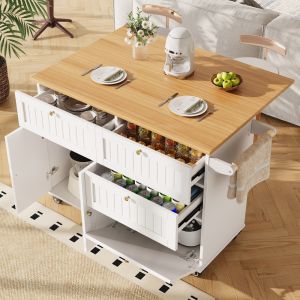 Ilha de cozinha com rodas em mdf branco com arrumação e tampo dobrável
