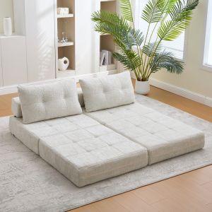 Sofá cama dobrável em chenille bege com almofadas e encosto