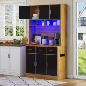 Armário multiusos cozinha LED tomadas usb preto natural 100x40x180cm