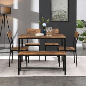 Conjunto mesa de jantar com 4 cadeiras e banco castanho mdf e aço