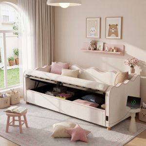 Cama estofada 90x200cm com arrumação hidráulica em bouclé – bege