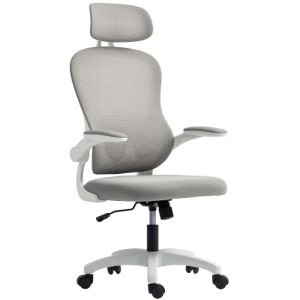 Silla de oficina ergonómica gris malla con apoyacabezas y brazos abatibles