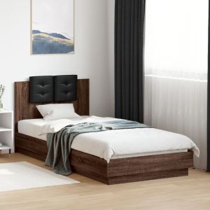 Cama cabeceira/luzes LED 90x200 cm carvalho castanho seaw3017
