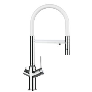 Grifo cocina 4 vías cromado caño giratorio blanco flexible ducha 2 chorros