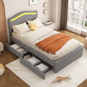 Cama estofada 90x200cm com LED e arrumação linho – cinzento