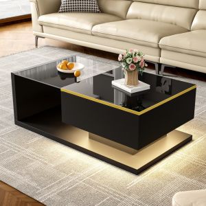 Mesa de centro com luz LED e vidro preto 32,5x90x50cm