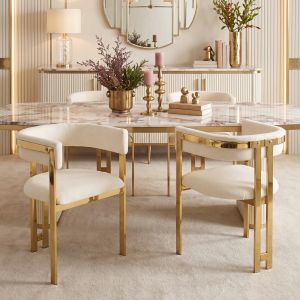 Silla de comedor tapizada en chenilla beige y dorado set de 4 para salón