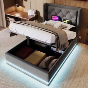 Cama estofada 90x200cm com colchão com arrumação LED e usb aLGodão cinzento