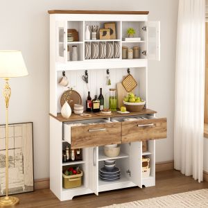 Aparador de cozinha com vitrines 2 gavetas branco e madeira 176,5x106x39cm