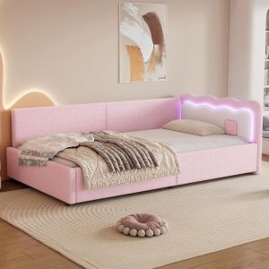Cama divã 90x200cm com iluminação LED e estrado de ripas, rosa