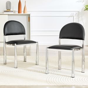 Conjunto 2 cadeiras jantar pu preto encosto curvo pernas metálicas