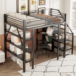 Cama mezanino 140x200cm com secretária, estante e roupeiro metal – preto