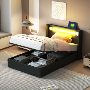 Cama infantil 90x200cm com arrumação LED e coluna pele sintética – preto