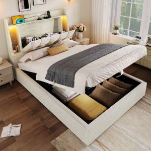 Cama estofada 90x200cm com usb e iluminação LED mdf linho – bege
