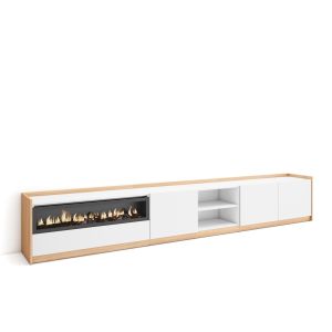 Móvel de tv, 310x37x50cm, branco e carvalho soft, lareira eléctrica rf4327