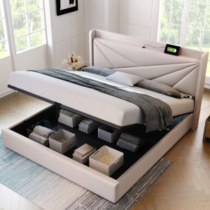 Cama estofada 140x200cm com colchão e arrumação linho – bege