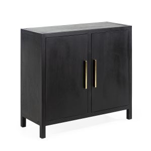 Aparador 100x40x90 em madeira preta com detalhes em metal dourado.