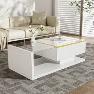 Mesa de centro branca com vidro e iluminação LED 32,5x100x50cm