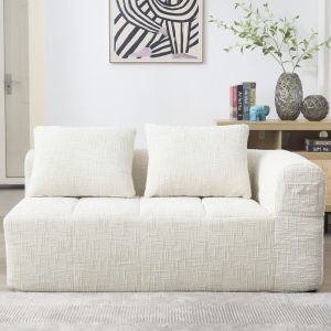 Sofá 2 lugares em chenille bege com almofada e bolsos laterais