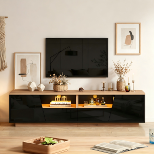 Móvel de tv com LED 2 portas 2 gavetas preto e madeira 46x180x40cm