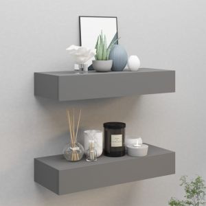 Prateleiras de parede c/ gavetas 2pcs mdf 60x23,5x10cm cinzento pt5000