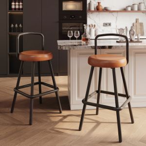Conjunto de 2 bancos de bar em pu castanho com encosto ergonómico