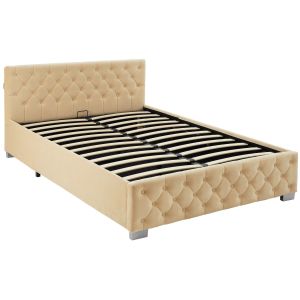 Cama tapizada com LED e estrado abatible, 250 kg, 140 x 200 cm, bege