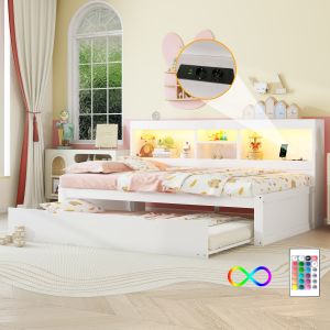 Cama divã juvenil com cama extensível e LED branco 90x200 cm
