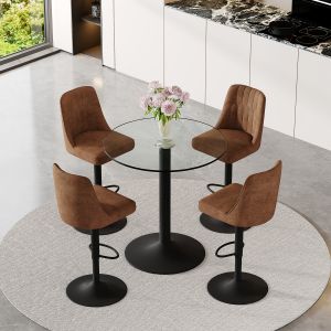 Conjunto mesa de bar redonda vidro 89cm 4 bancos giratórios castanho preto