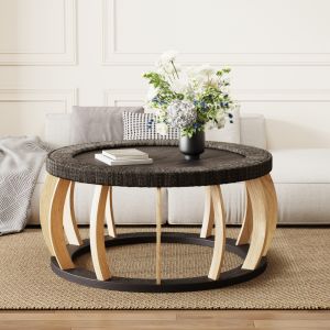 Mesa de centro redonda em madeira e mdf preto castanho 43x90x90cm