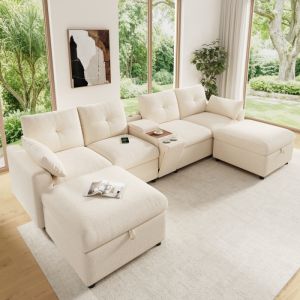 Sofá de canto modular 6 lugares em chenille bege com arrumação usb e type c