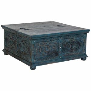 Mesa de centro artesanal em madeira azul 100x100x47h cm