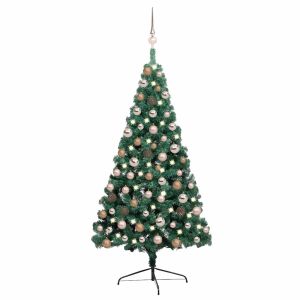 vidaXL medio árbol de navidad con luces y bolas verde 120 cm