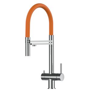 Grifo cocina 3 vías acero inox ducha 2 chorros amovible, pulido / naranja