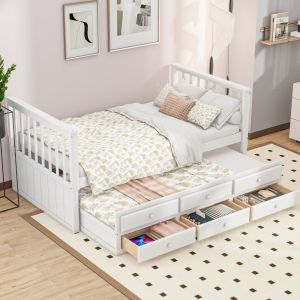 Cama individual 90x200cm com cama auxiliar e 3 gavetas madeira – branco