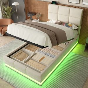 Cama estofada 90x200cm com LED usb e arrumação veludo – bege