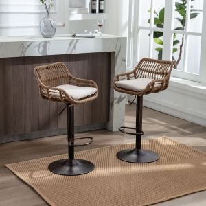 Conjunto 2 bancos altos giratórios 360° linho bege base metálica