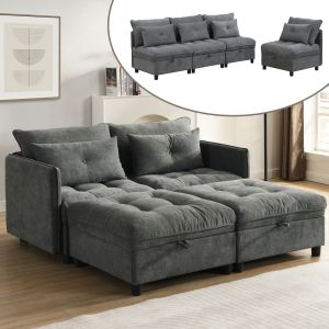 Sofá modular 4 lugares em chenille cinzento antigo arrumação função cama