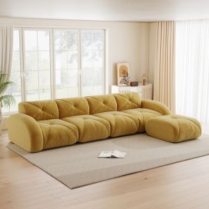 Sofá modular de canto em chenille amarelo 4 lugares com pufe