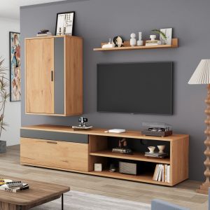 Móvel de tv com armário e prateleira madeira natural e preto 39x140x35cm