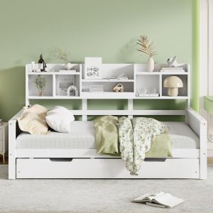 Sofá cama madeira 90x200cm com cama auxiliar 90x190cm arrumação branco